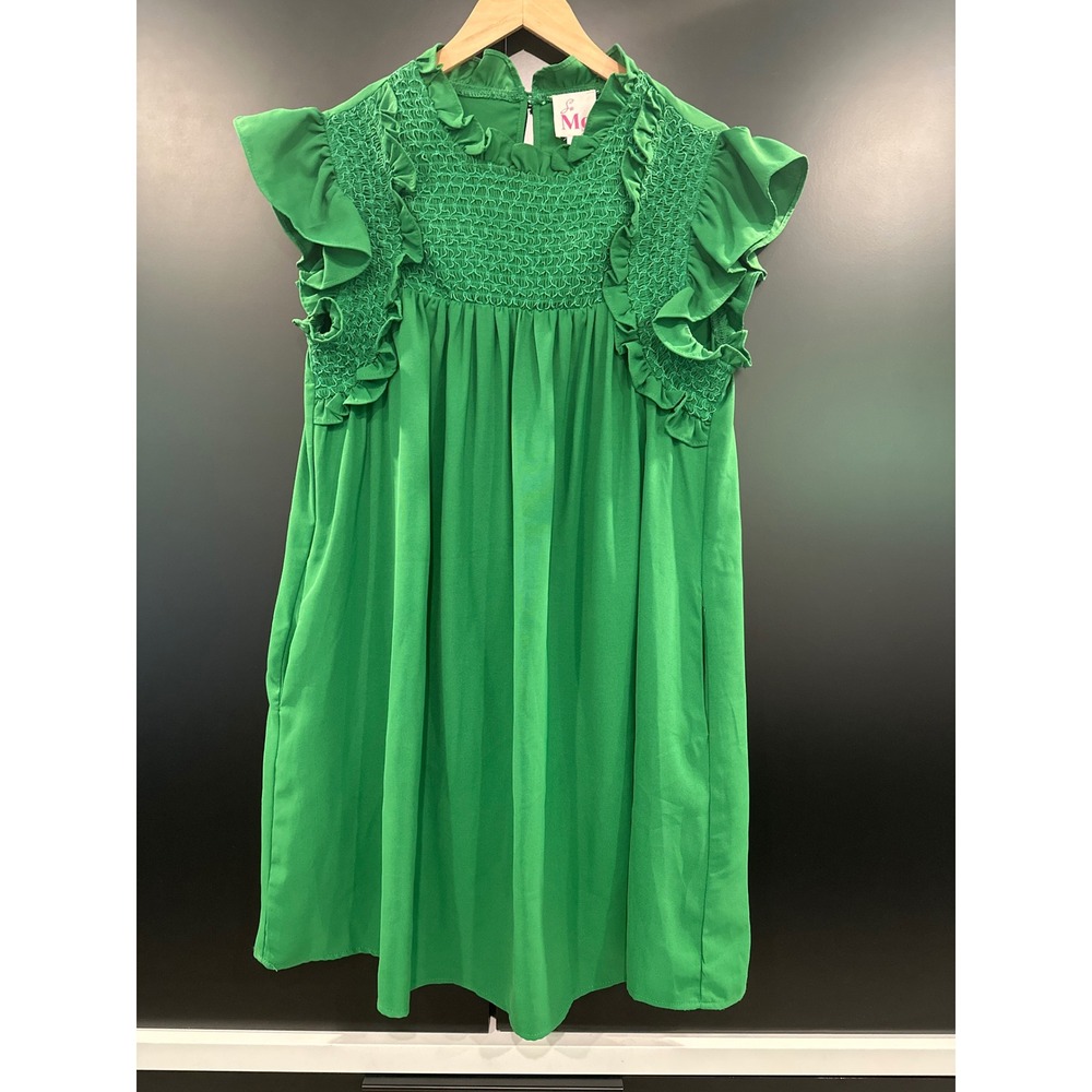 So Me Green Smocked Ruffle Mini Babydoll Dress Pockets JD1005-01 Small‎